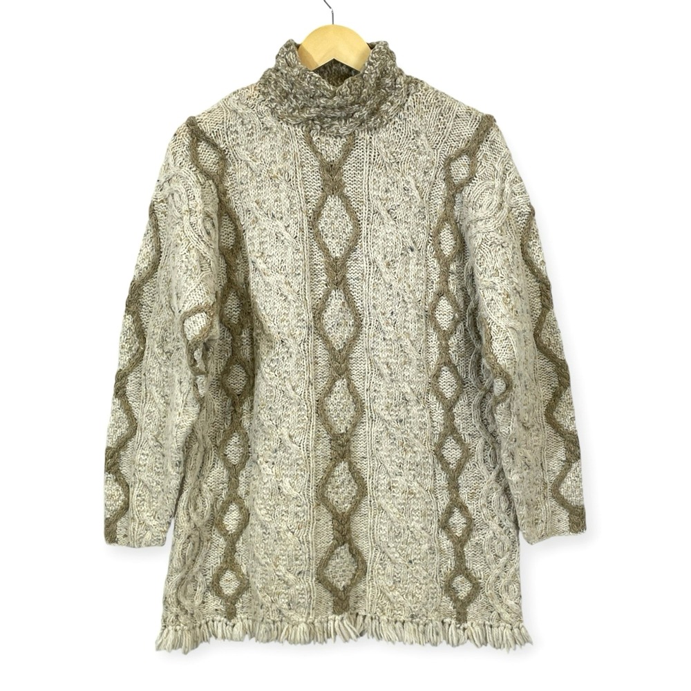 The Limited Hand Cable Knit Turtleneck Sweater Women M/L 90s Vintage Fringe Boho